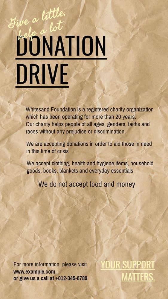 Donation drive Instagram story template, editable text