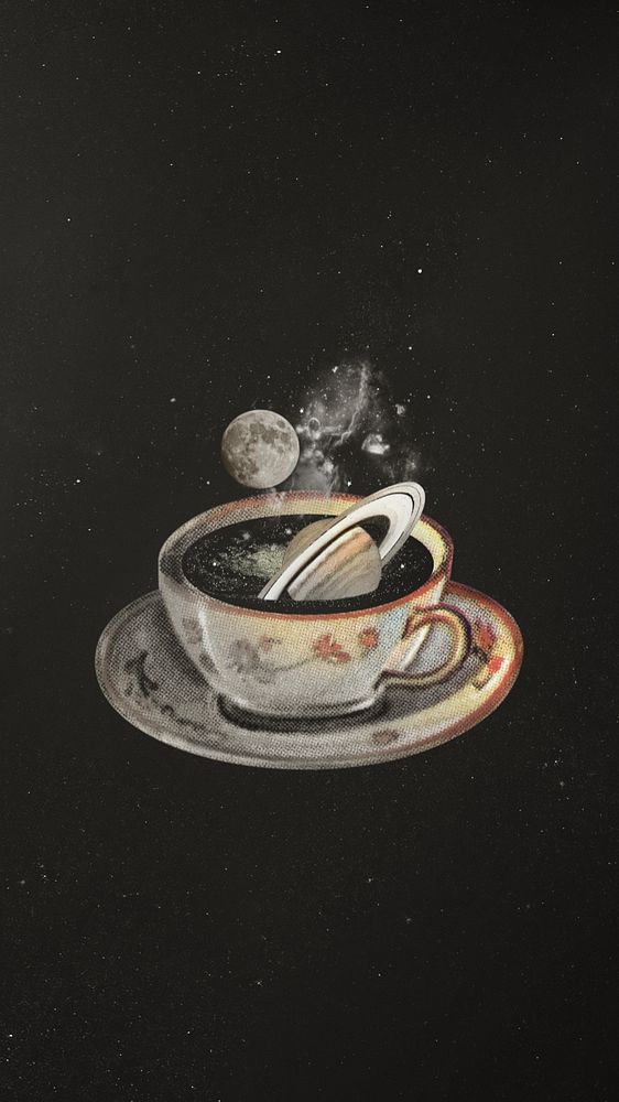 Saturn in coffee cup iPhone wallpaper, surreal escapism editable remix