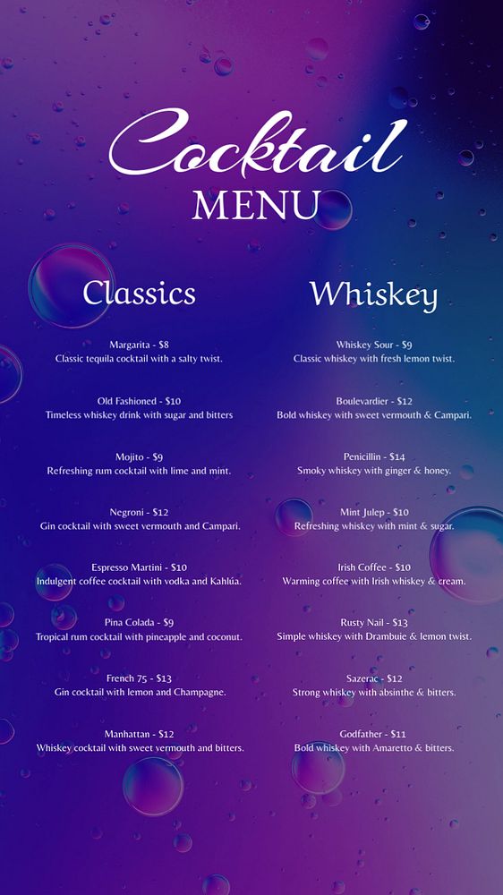 Cocktail menu Instagram story template, editable text