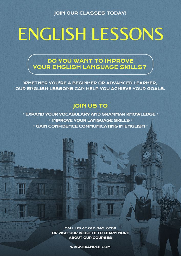 English lessons poster template, editable text and design