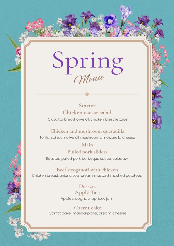 Spring menu poster template, editable text and design