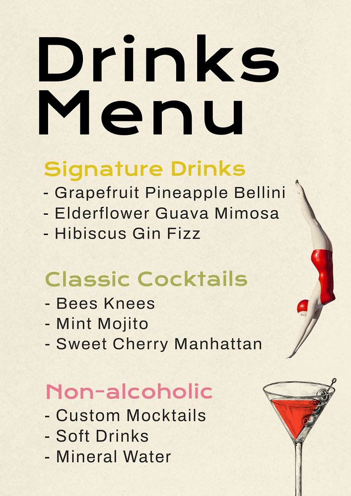 Drinks menu poster template, editable text and design