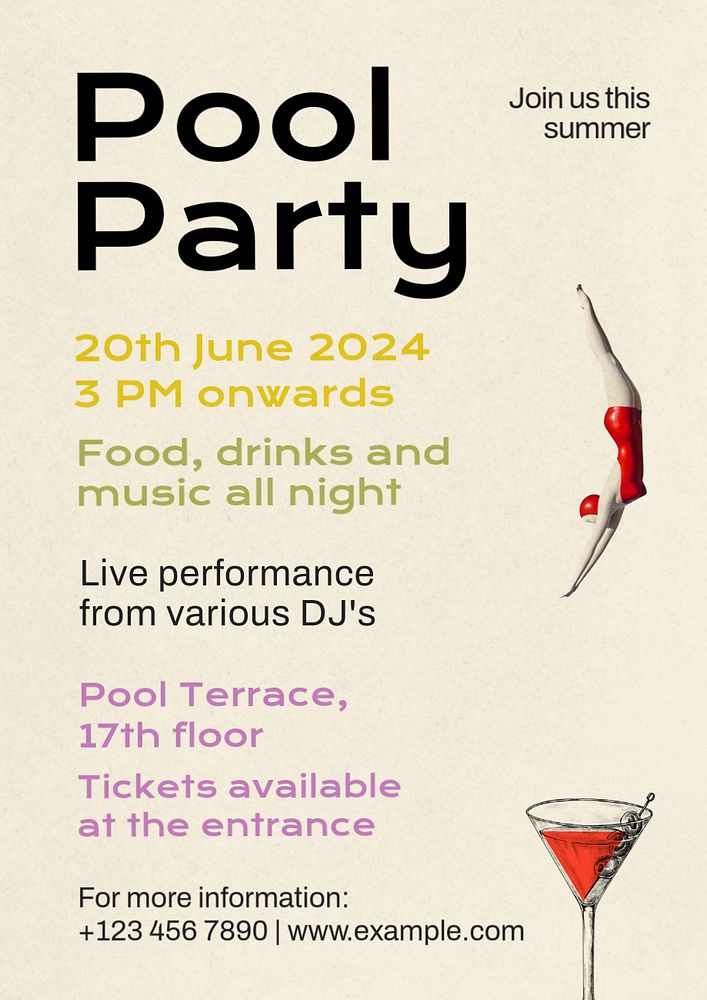 Pool party poster template, editable text and design