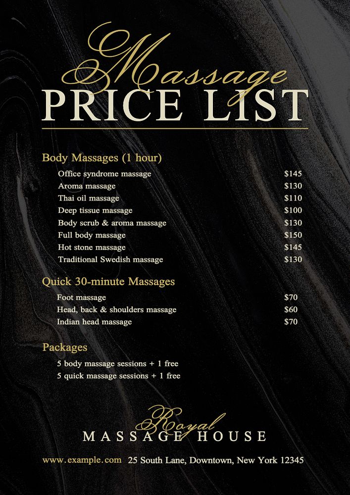 Massage price list poster template, editable text and design