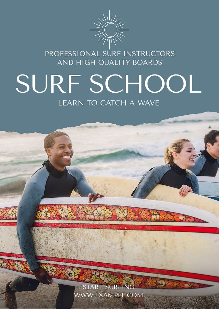 Surf school poster template, editable text and design