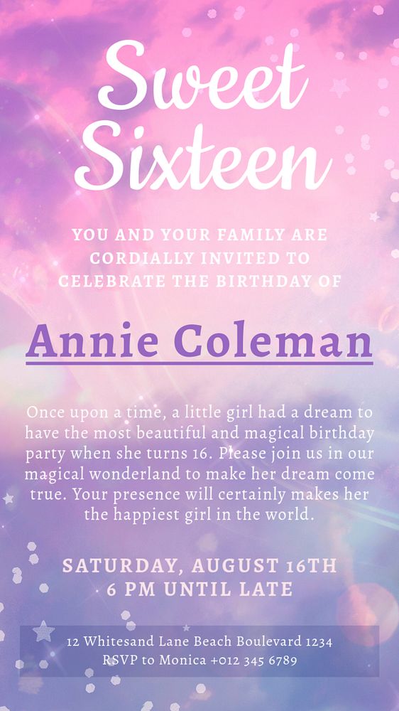 Sweet 16 Instagram story template, editable text