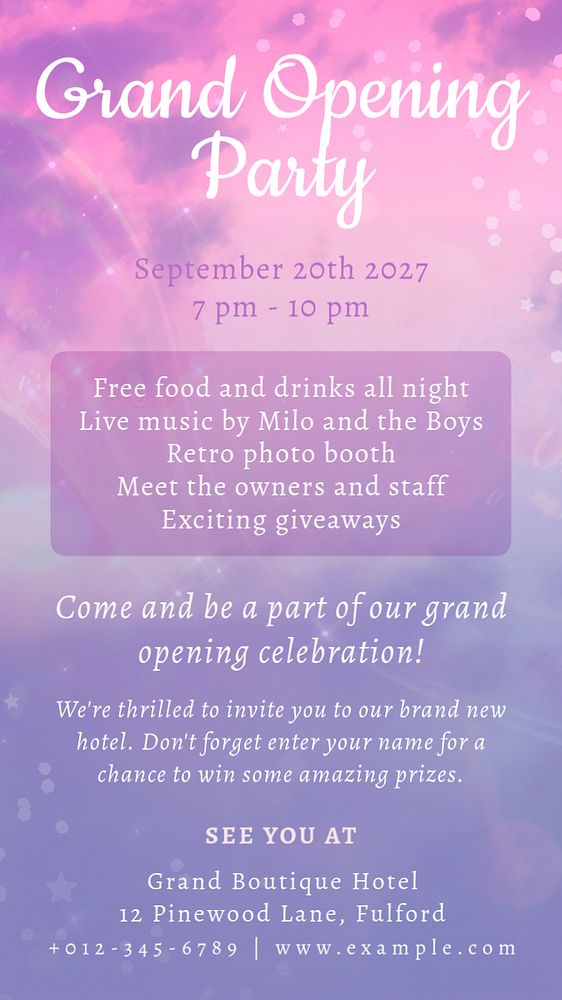 Grand opening party Instagram story template, editable text