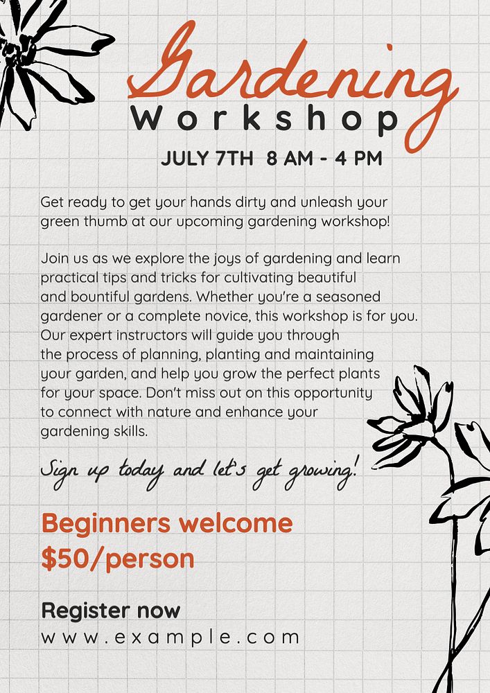 Gardening workshop poster template, editable text and design