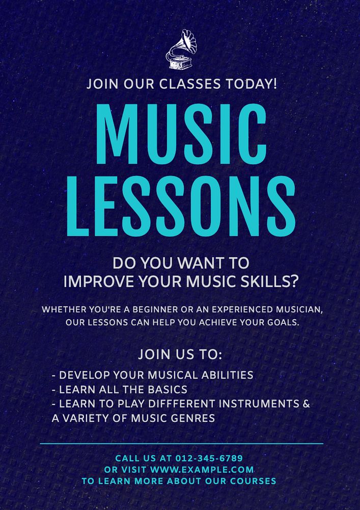 Music lessons poster template, editable text and design