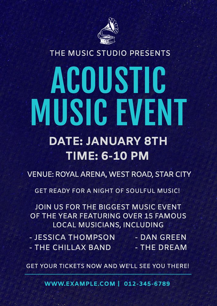 Acoustic music event poster template, editable text and design