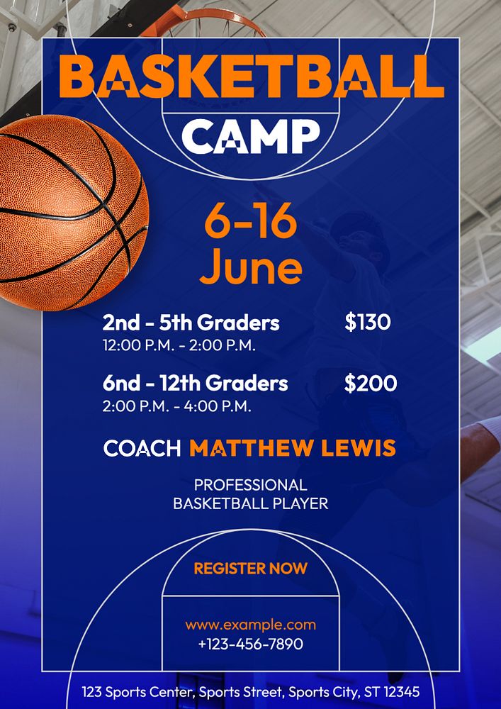 Basketball camp poster template, editable text and design