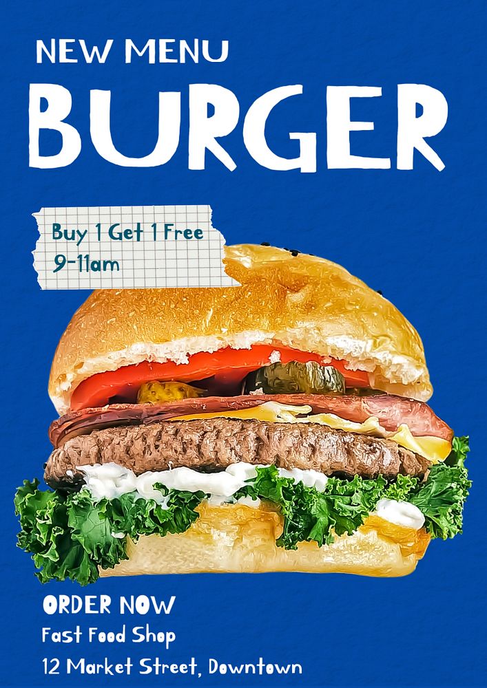 New menu, burger poster template, editable text and design