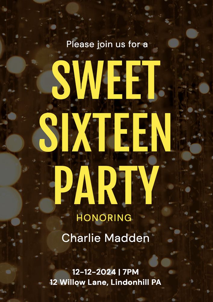 Sixteen birthday party poster template, editable text and design