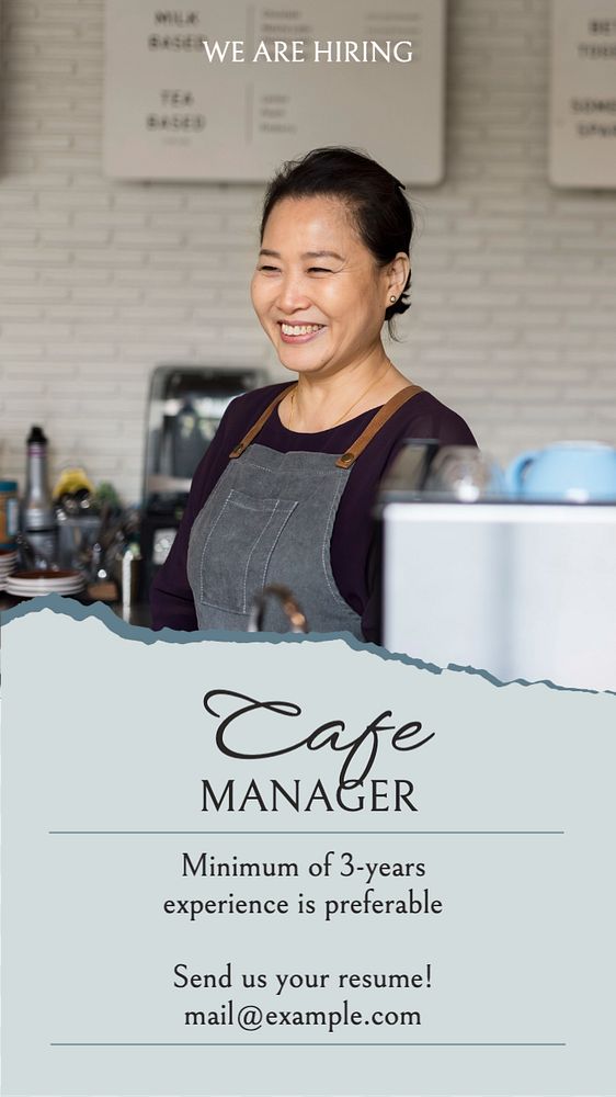 Cafe manager job Instagram story template, editable text