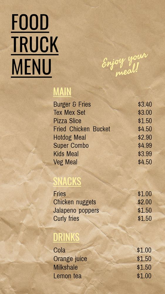 Food truck menu Instagram story template, editable text