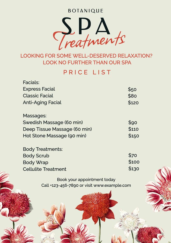 Spa treatments poster template, editable text and design