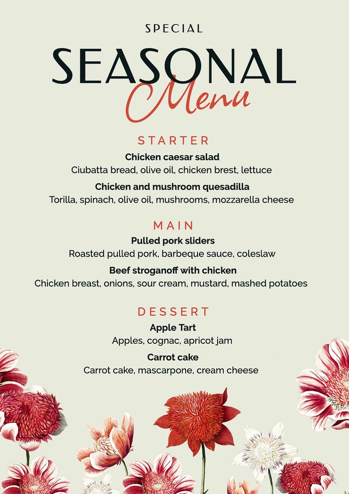 Seasonal menu poster template, editable text and design