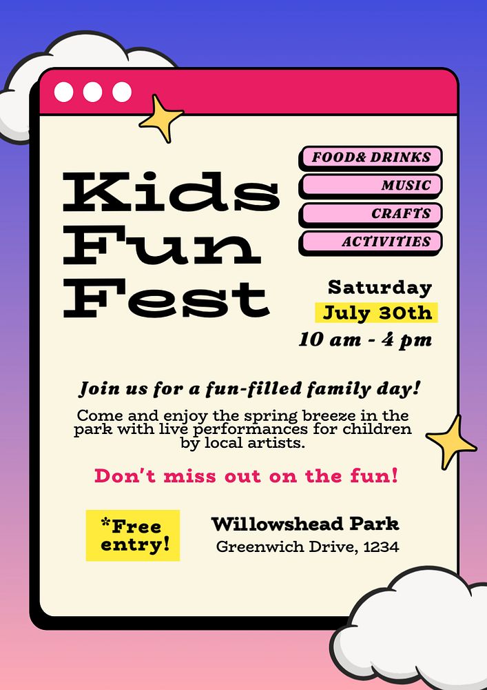 Kids fun fest poster template, editable text and design