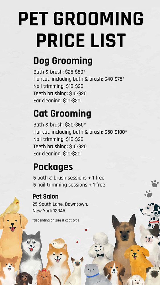 Pet grooming prices Instagram story template, editable text