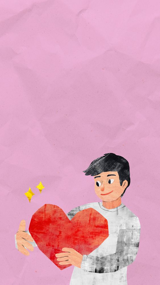 Man hugging heart iPhone wallpaper, paper craft collage, editable design