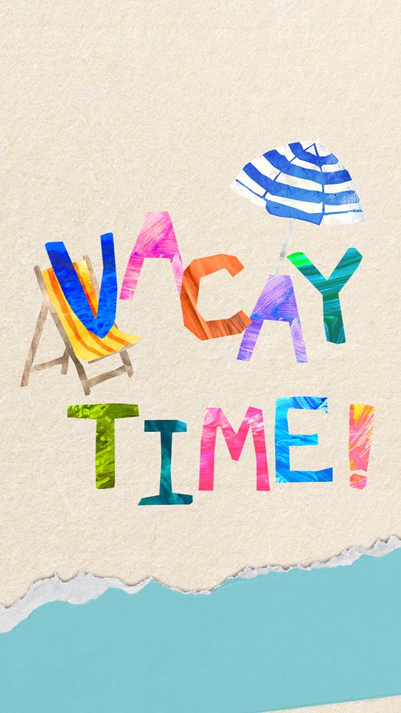 Vacay time word, Summer paper craft collage, editable design