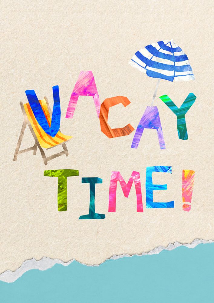 Vacay time word, Summer paper craft collage, editable design