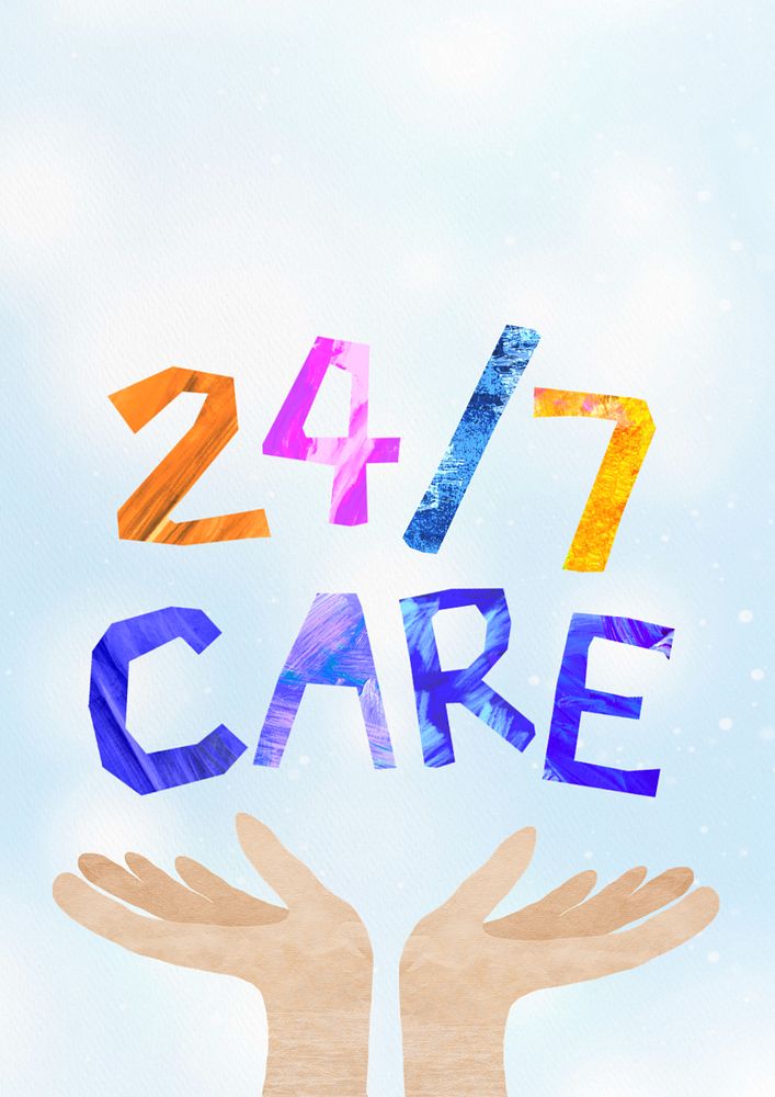 24/7 care word, paper craft collage, editable design