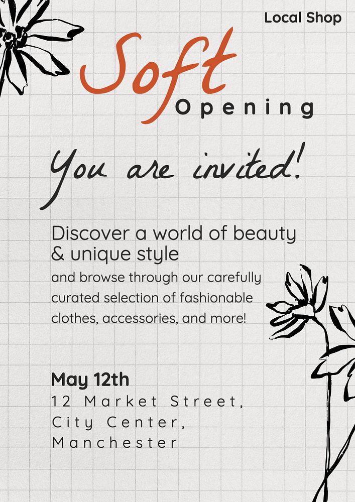 Soft opening poster template, editable text and design