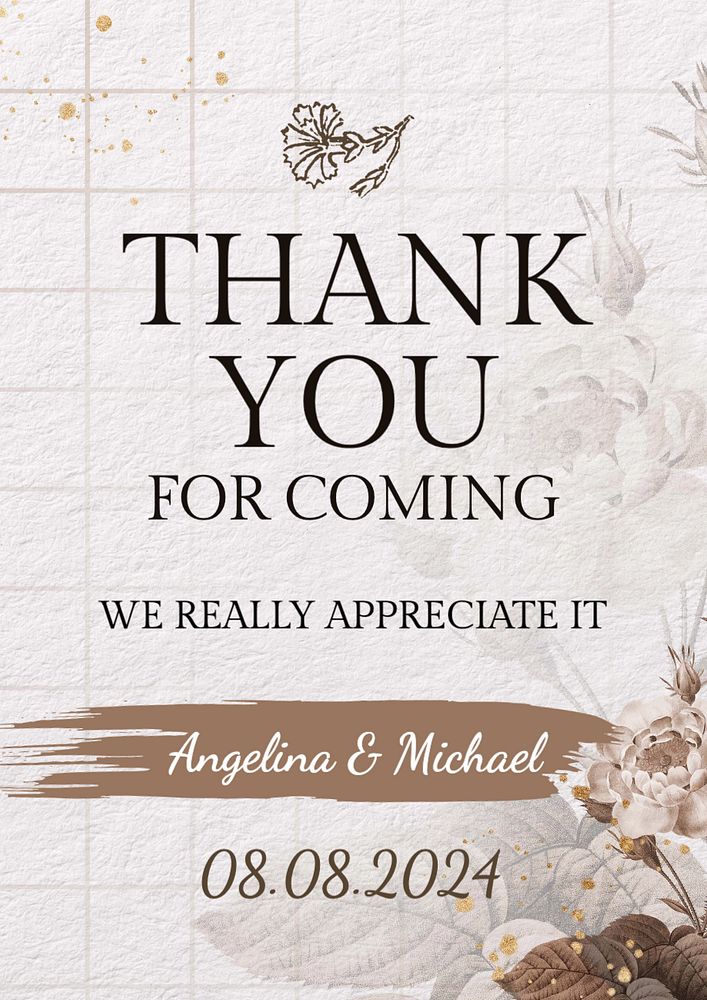 Wedding thank you poster template, editable text and design