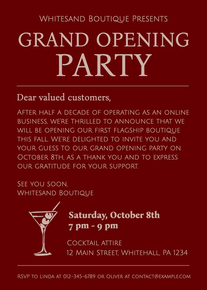 Grand opening party template, editable text and design