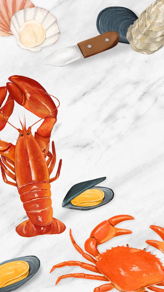 Seafood boils iPhone wallpaper, lobster, crab illustration, editable design