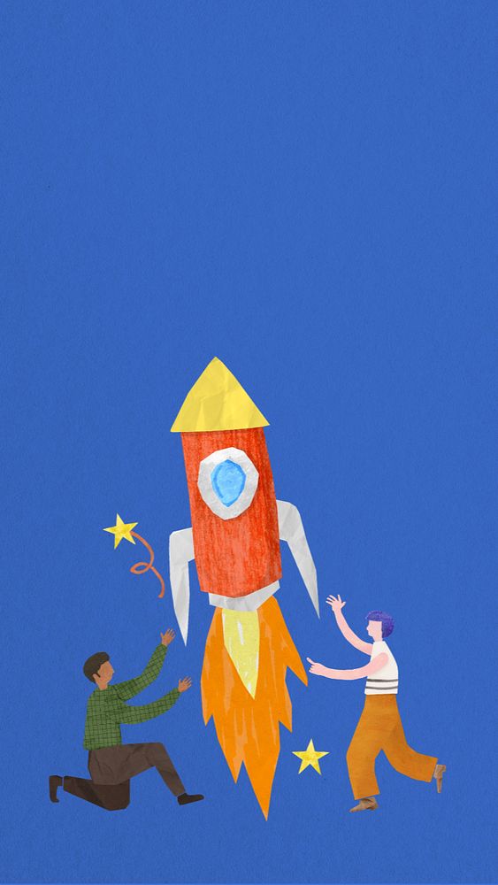 Launching rocket startup iPhone wallpaper, paper craft collage, editable design