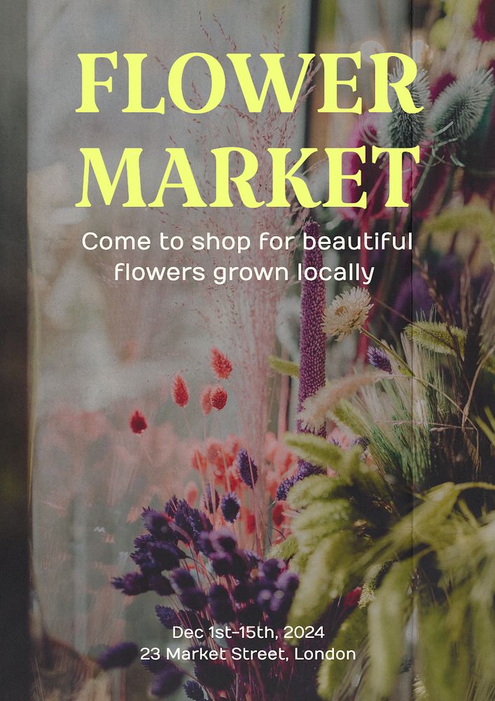 Flower market poster template, editable text and design