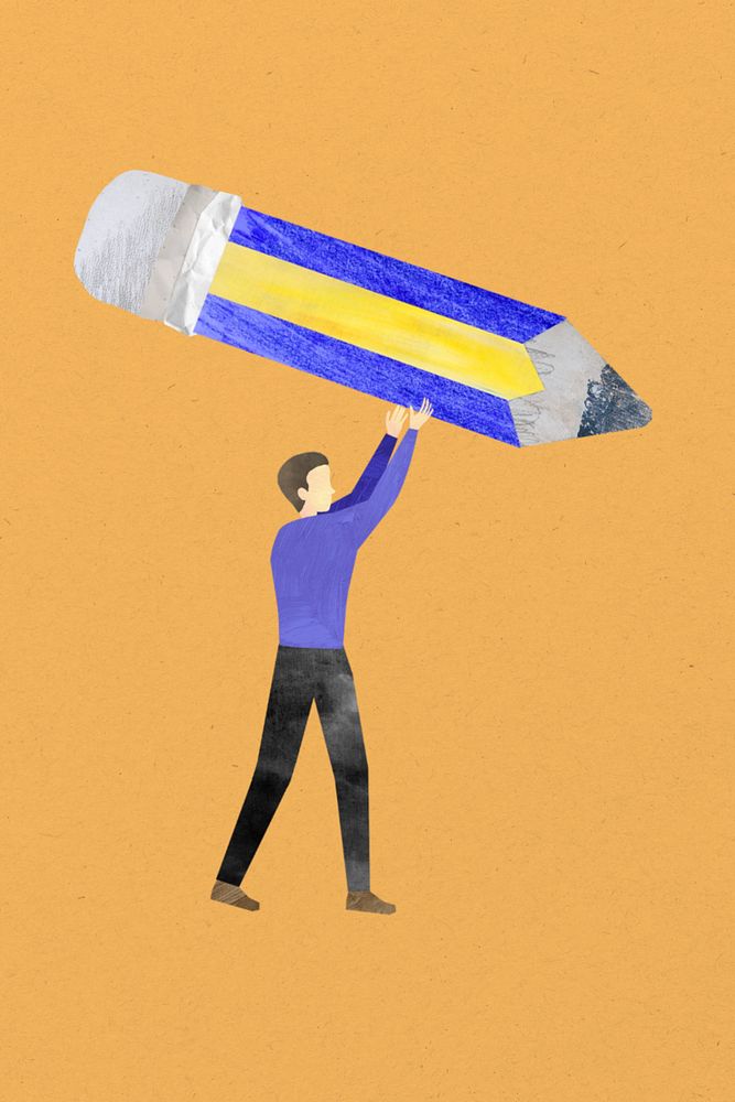 Man holding pencil, education paper craft collage, editable design