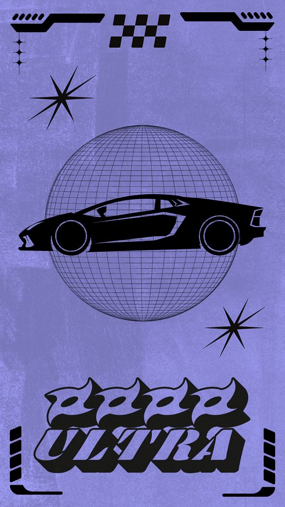 Y2K sports car iPhone wallpaper, purple silhouette art, editable design