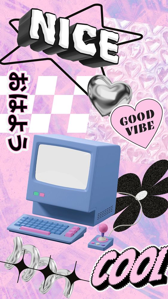 Pink y2k computer, typography collage art, editable design