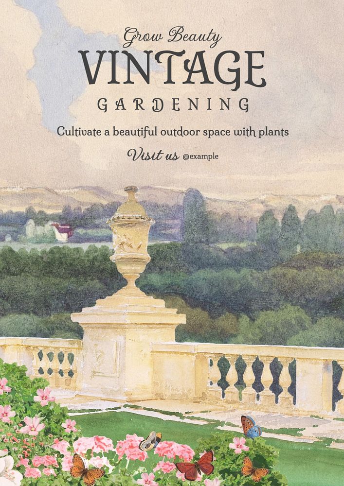 Vintage gardening poster template, editable text and design