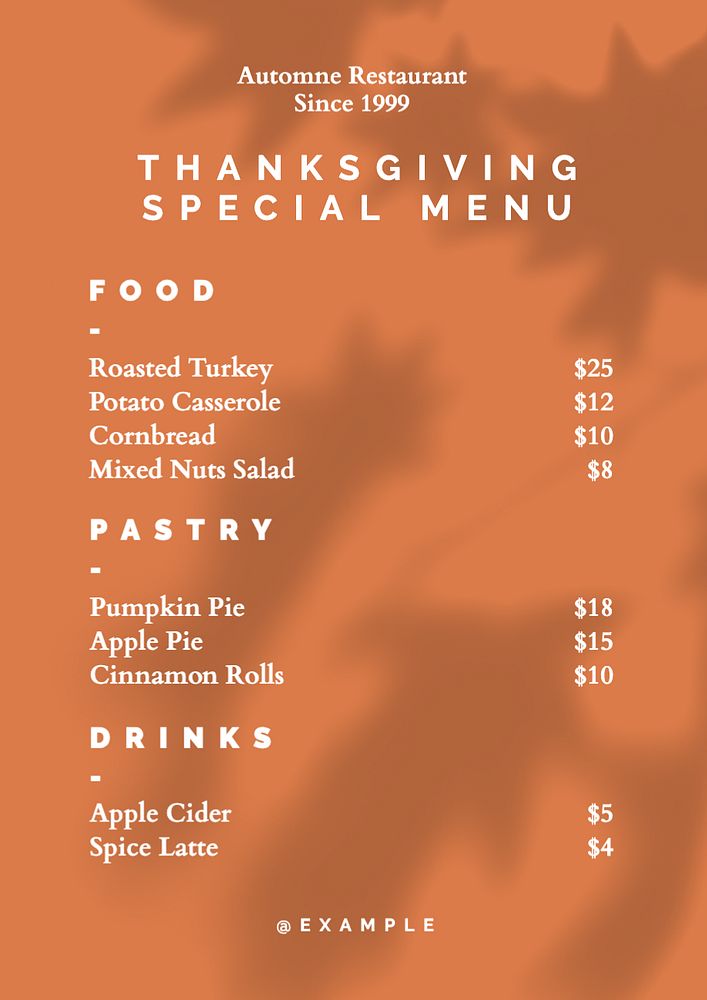 Thanksgiving menu template, editable text and design