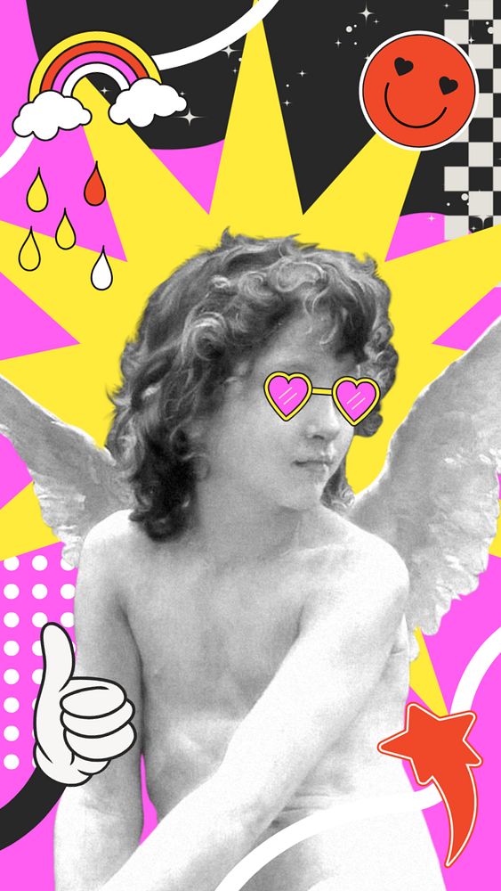 Y2k cupid collage iPhone wallpaper, funky style, editable design