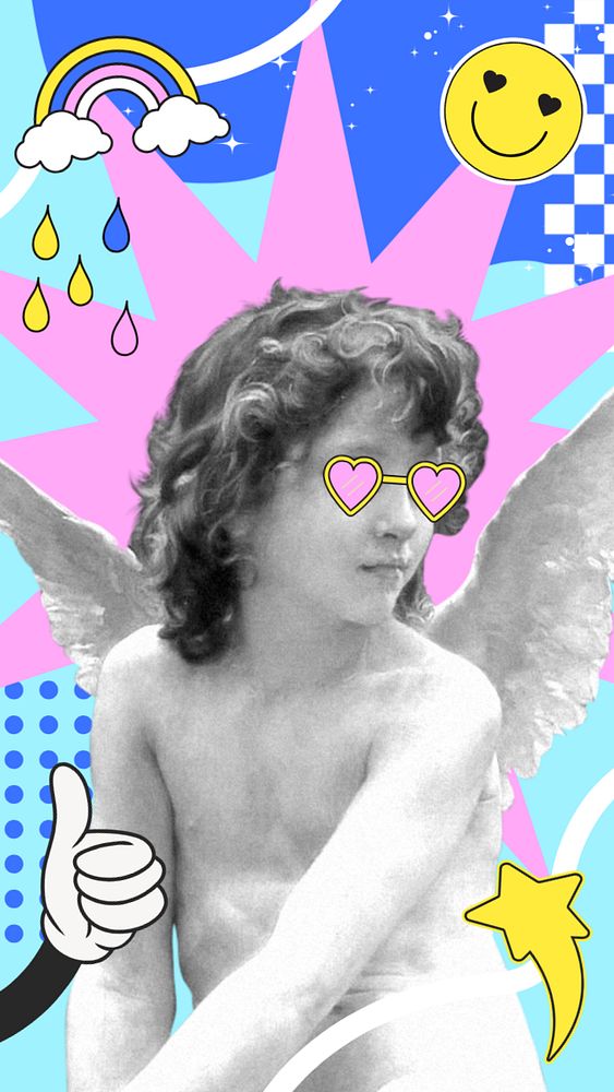 Y2k cupid collage iPhone wallpaper, funky style, editable design