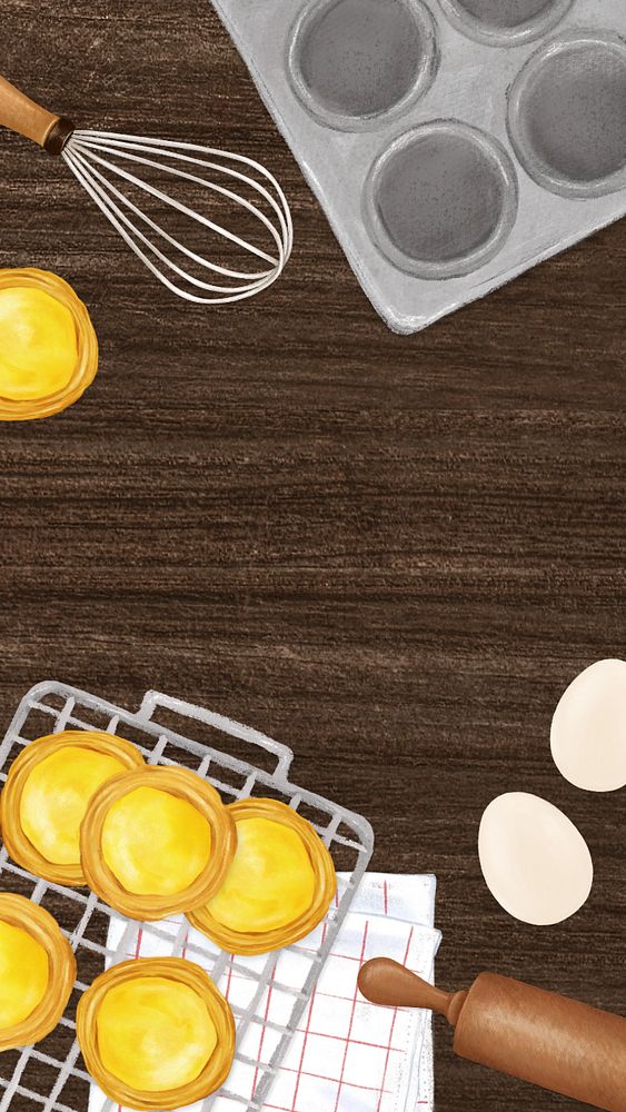 Homemade egg tarts iPhone wallpaper, baking illustration, editable design