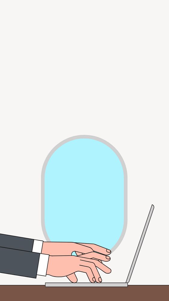 Businessman typing laptop iPhone wallpaper, airplane window illustration, editable design