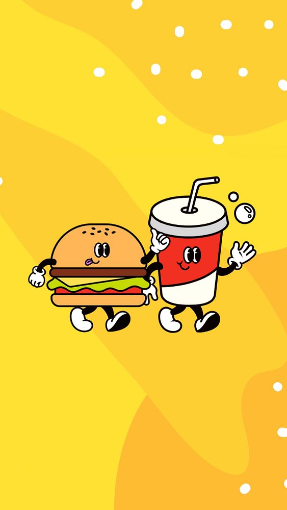 Cute junk food iPhone wallpaper, funky cartoon illustration, editable design