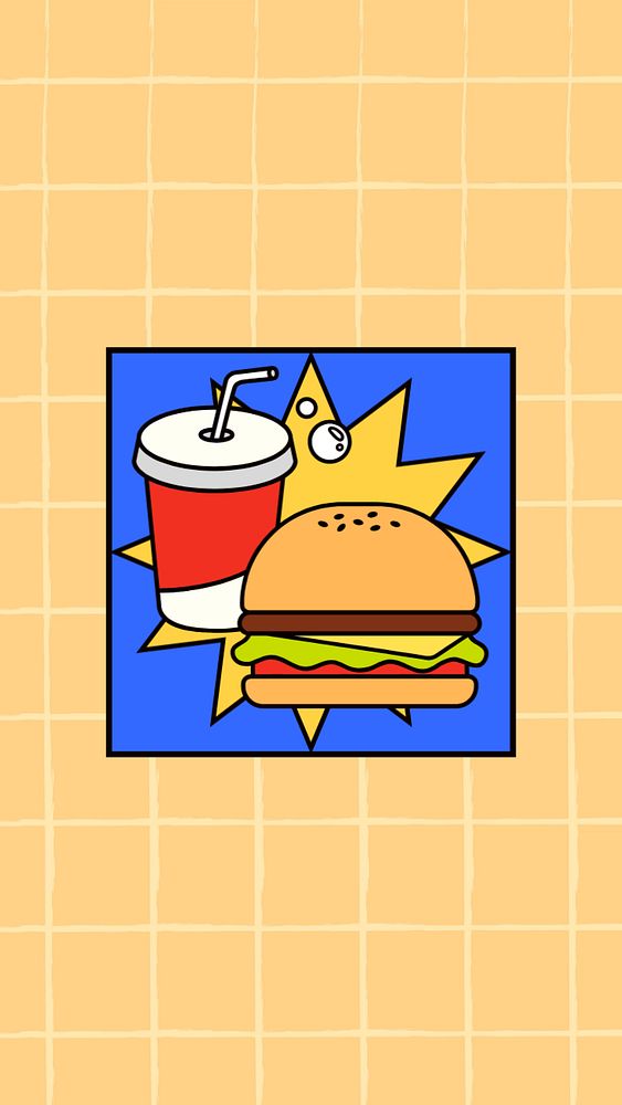 Cute junk food iPhone wallpaper, burger and soda illustration, editable design