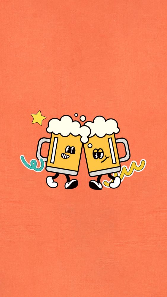 Clinking beer mug iPhone wallpaper, funky cartoon illustration, editable design