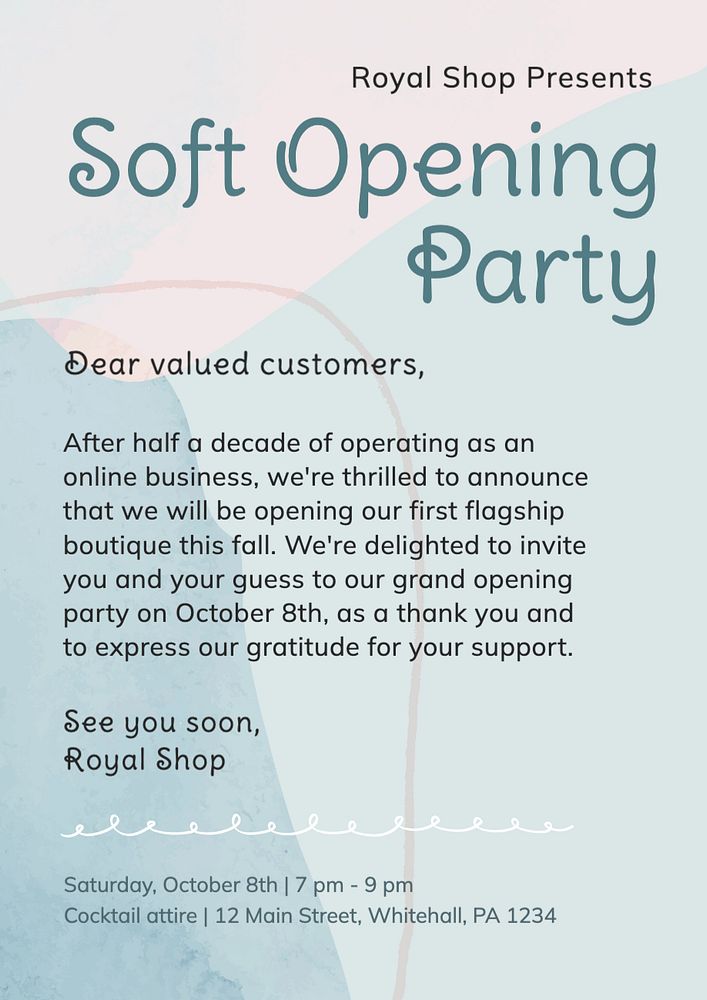 Soft opening party poster template, editable text and design