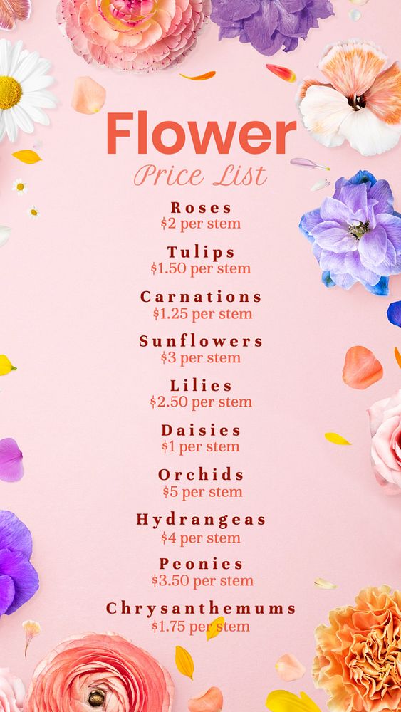 Flower price list Instagram story template, editable text