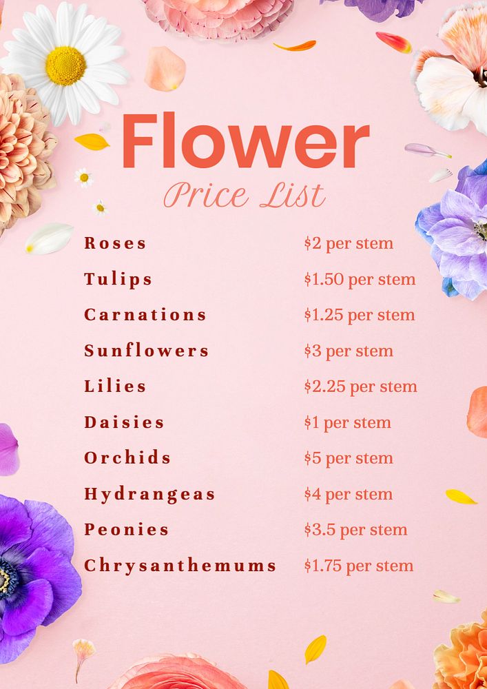 Flower price list poster template, editable text and design