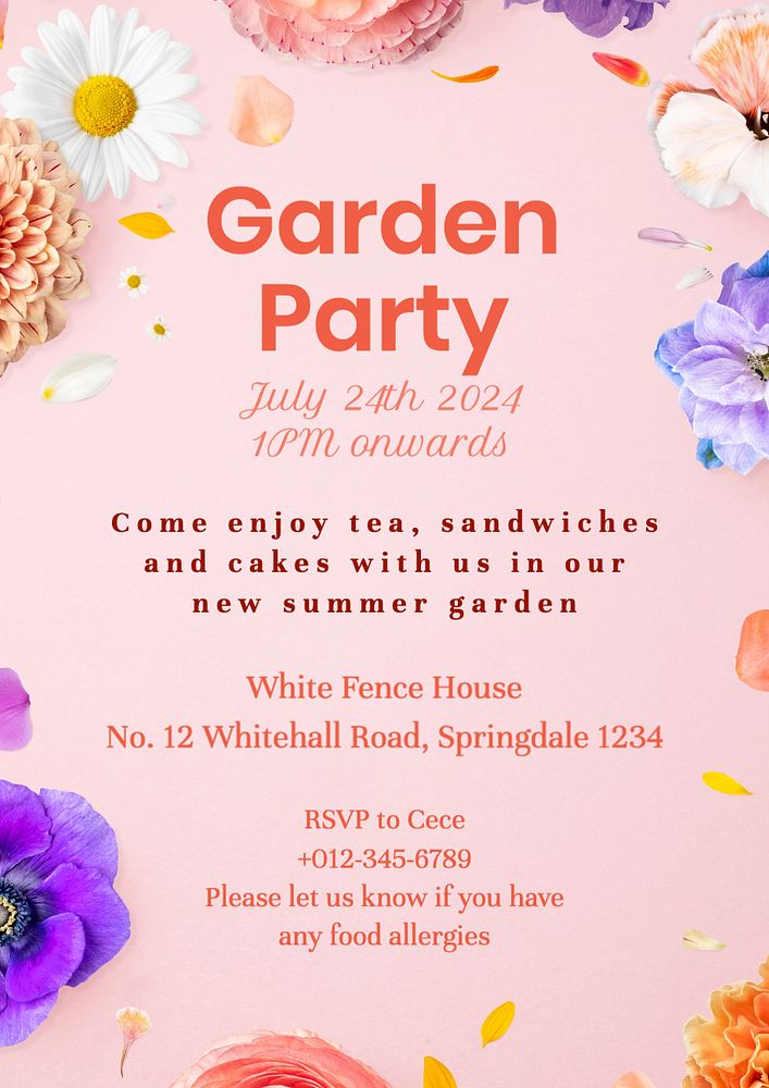 Garden party poster template, editable text and design