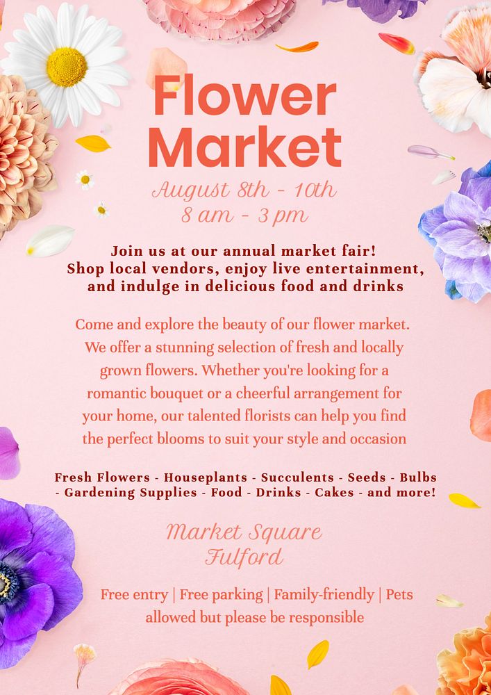 Flower market poster template, editable text and design